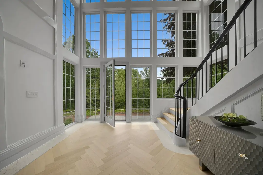 Living room with wide-plank flooring