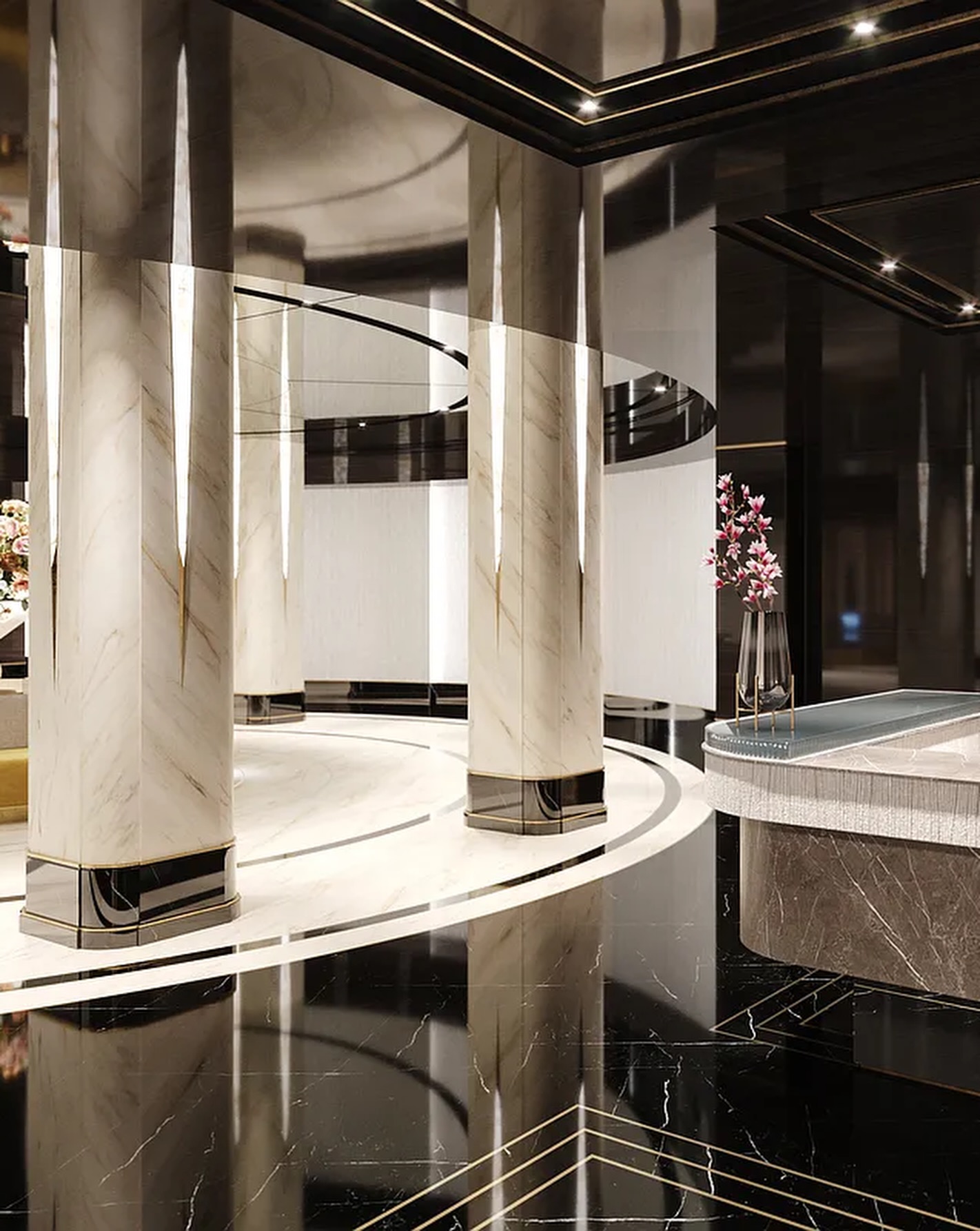 Waldorf Astoria residence lobby, marble columns