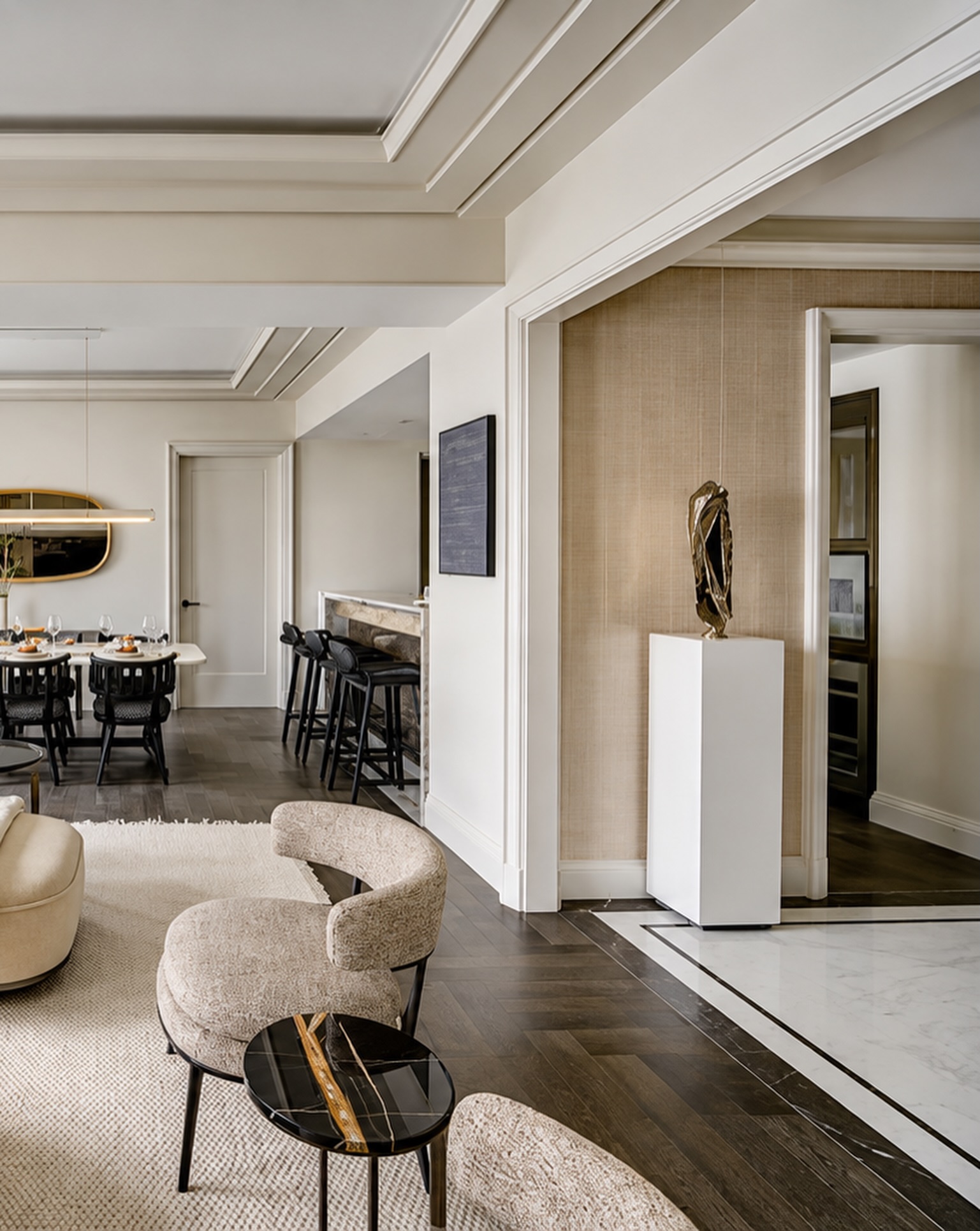 Waldorf Astoria residence living room with herringbone floor