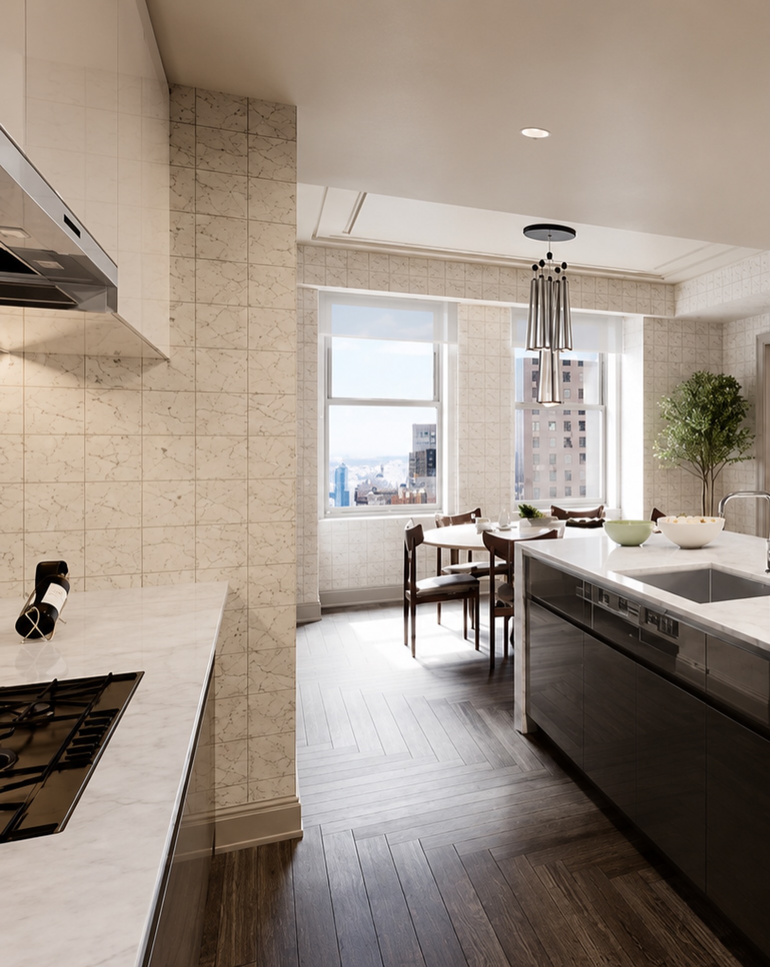Waldorf Astoria residence kitchen with herringbone floor
